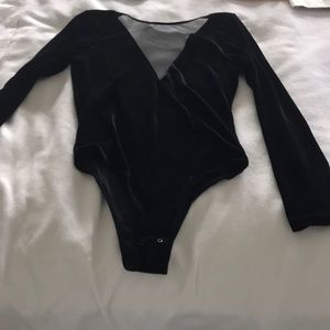 Black velvet sheer V bodysuit w open back
